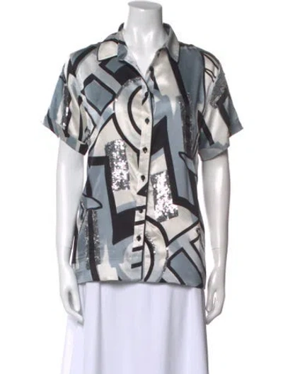 Pre-owned Retroféte Silk Printed Button-up Top In Blue