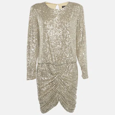 Pre-owned Retroféte Silver Sequin Jersey Flynn Ruched Mini Dress L In Sand