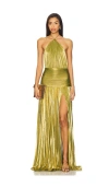 Retroféte Thalia Pleated Metallic Halter Side-slit Drop-waist Maxi Dress
