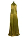 Retroféte Thalia Pleated Metallic Halter Side-slit Drop-waist Maxi Dress