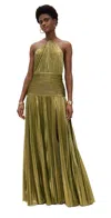Retroféte Thalia Pleated Metallic Halter Side-slit Drop-waist Maxi Dress In Metallic Peridot