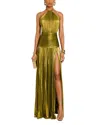 Retroféte Thalia Pleated Metallic Halter Side-slit Drop-waist Maxi Dress In Metallic Peridot