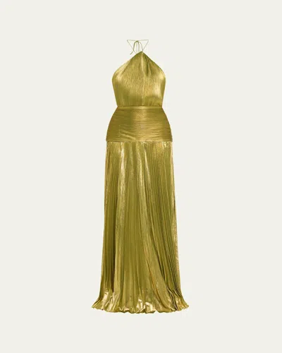 Retroféte Thalia Metallic Halter Gown In Metallic Peridot