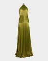 Retroféte Thalia Pleated Metallic Halter Side-slit Drop-waist Maxi Dress In Metallic Peridot