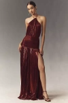 Retroféte Thalia Pleated Metallic Halter Side-slit Drop-waist Maxi Dress In Brown