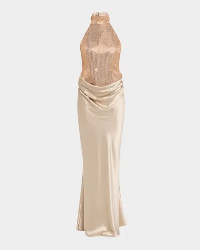 Retroféte Vanya Sequined Satin Halter Gown In Brown