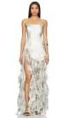 Retroféte Verena Strapless Silk Ruffle-hem Slit Dress In Vintage Snake