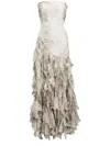Retroféte Verena Strapless Silk Ruffle-hem Slit Dress In Neutrals