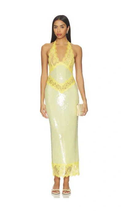 Retroféte Sequin-embellished Lace-trim Dress In Yellow