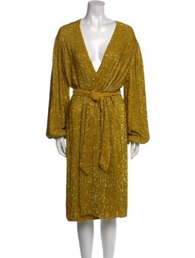 Pre-owned Retroféte V-neck Midi Length Dress In Yellow