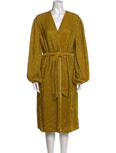 Pre-owned Retroféte V-neck Midi Length Dress In Yellow