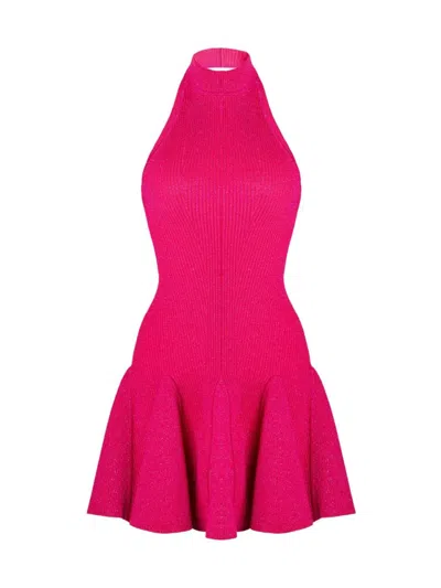 Retroféte Quinn Metallic Knit Backless Halter Mini Dress In Metallic Fuchsia