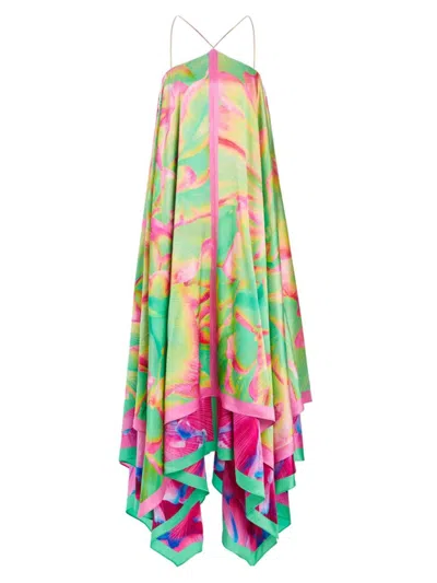 Retroféte Sangria Silk Asymmetrical Long Dress In Mixed Peony