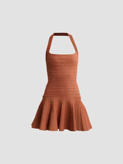 Retroféte Women's Serenna Metallic Knit Halterneck Mini Dress In Brown