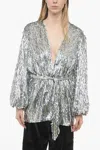 Retroféte Wrap Dress With Leave-shaped Sequines All-over In Silver