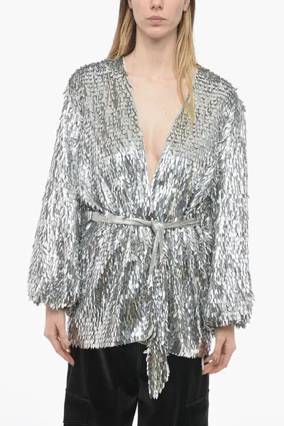 Retroféte Wrap Dress With Leave-shaped Sequines All-over In Silver
