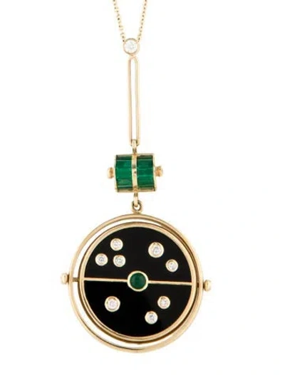 Pre-owned Retrouvai 14k Onyx, Emerald & Diamond Grandfather Compass Pendant Necklae, 26" In Multi