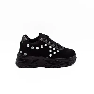 Rettrose Women's Black The Adeline Luxury Noir Lycra Handmade Embellished Trainers