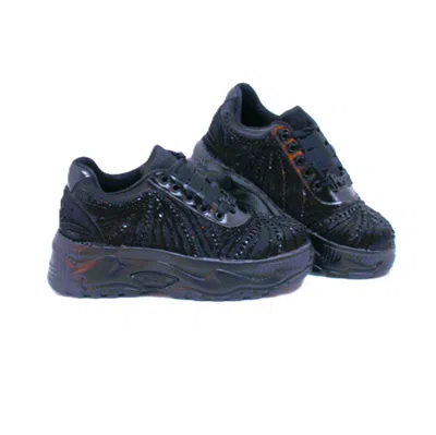 Rettrose Women's Black The Sofia Luxury Noir Satin Handmade Embellished Trainers