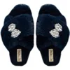 Rettrose Women's Blue The Fefe Luxury Navy Plush Diamanté Bow Embellished Handmade Slipper In Blue