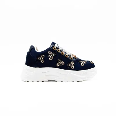 Rettrose Women's Blue The Kennedy Luxury Navy Satin Handmade Embellished Trainer