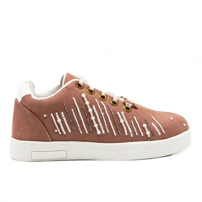 Rettrose Women's Brown Soleil Luxury Dark Nude Satin Handmade Embellished Tennis Shoe