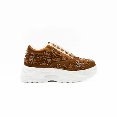 Rettrose Women's Brown The Evelyn Luxury Tan Satin Hand Embellished Trainers