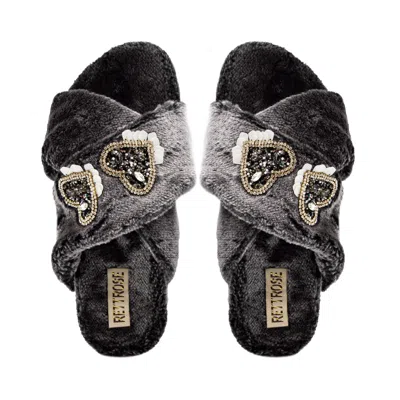 Rettrose Women's Grey The Katie Charcoal Luxury Plush Diamanté Heart Embellished Handmade Slipper