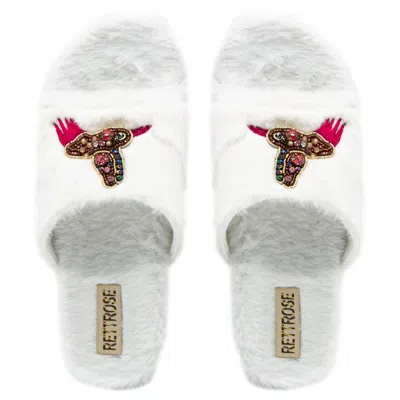 Rettrose Women's Neutrals The Ariella Cream Luxury Plush Diamanté Embellished Handmade Slipper In White