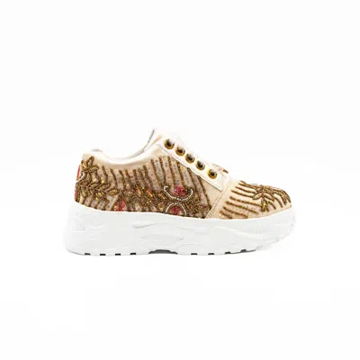 Rettrose Women's Neutrals The Athena Luxury Buttermilk Satin Handmade Embellished Trainers In Black