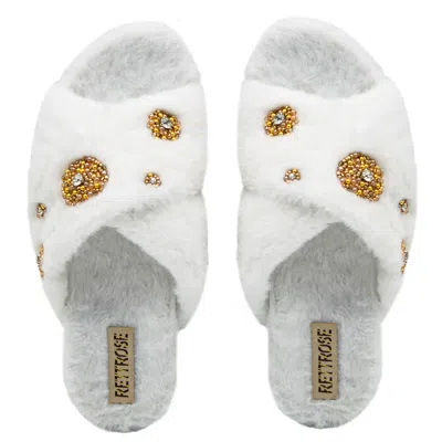 Rettrose Women's Neutrals The Juliette Cream Luxury Plush Diamanté Embellished Handmade Slipper In White