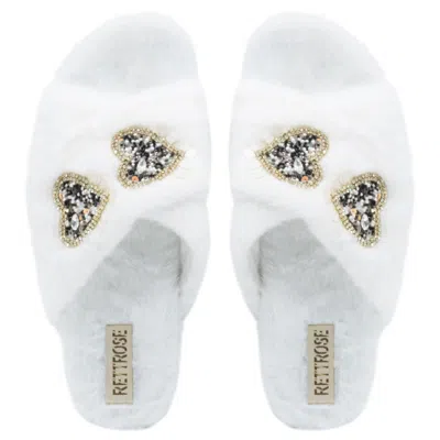 Rettrose Women's Neutrals The Katie Cream Luxury Plush Diamanté Heart Embellished Handmade Slipper In White