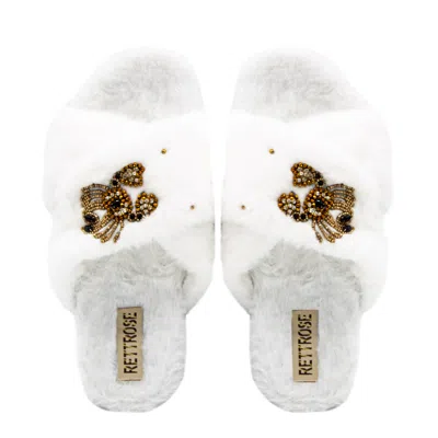 Rettrose Women's Neutrals The Sophie Cream Luxury Plush Diamanté Embellished Handmade Slipper In White