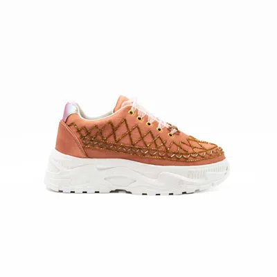 Rettrose Women's Pink / Purple The Samantha Luxury Dark Nude Satin Handmade Embellished Trainers In Pink/purple