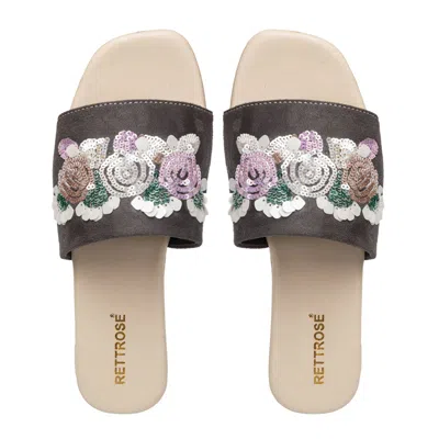 Rettrose Women's Sutton Grey Luxury Plush Diamanté Embellished Handmade Sliders