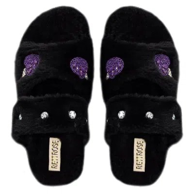 Rettrose Women's The Ada Black Luxury Plush Diamanté Embellished Handmade Slipper