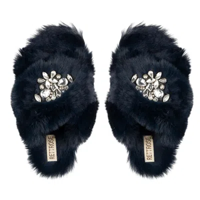 Rettrose Women's Blue The Audrey Navy Luxury Plush Diamanté Heart Embellished Handmade Slipper In Black