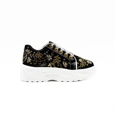 Rettrose Women's The Diana Luxury Black Satin Handmade Embellished Trainers