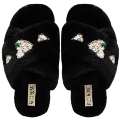 Rettrose Women's The Emmy Black Luxury Plush Diamanté Embellished Handmade Slipper