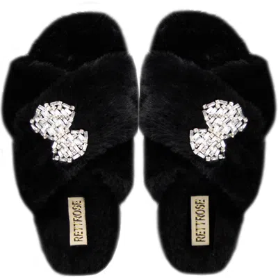 Rettrose Women's The Fefe Luxury Black Plush Diamanté Bow Embellished Handmade Slipper