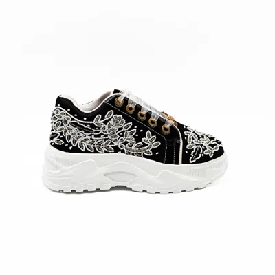 Rettrose Women's The Iska Luxury Black Satin Handmade Embellished Trainers