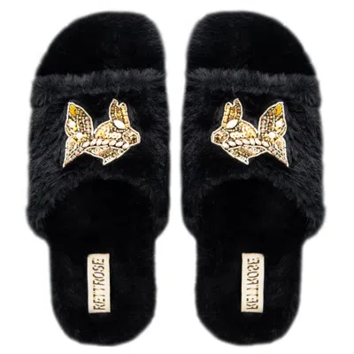 Rettrose Women's The Mae Black Luxury Plush Diamanté Embellished Handmade Slipper