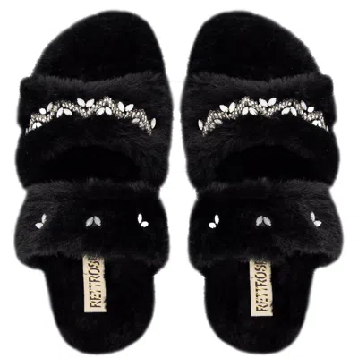 Rettrose Women's The Myla Black Luxury Plush Diamanté Embellished Handmade Slipper