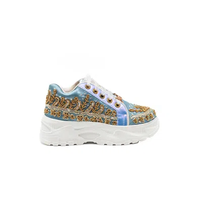 Rettrose Women's The Petra Luxury Dusky Blue Satin Handmade Embellished Trainers