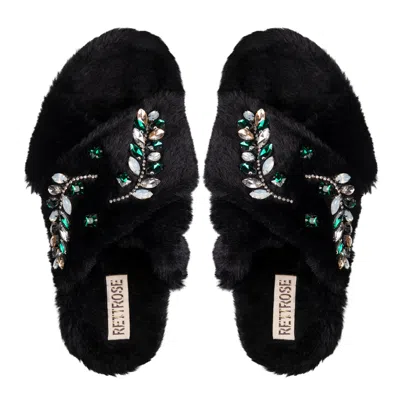 Rettrose Women's Thea Black Luxury Plush Diamanté Embellished Handmade Slipper