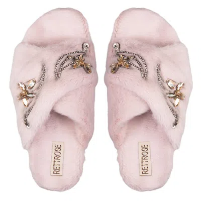 Rettrose Women's Zoey Dusky Pink Luxury Plush Diamanté Embellished Handmade Slipper