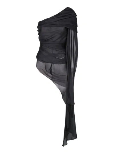 Rev Sheer Silk Top With Asymmetric Cut In Black