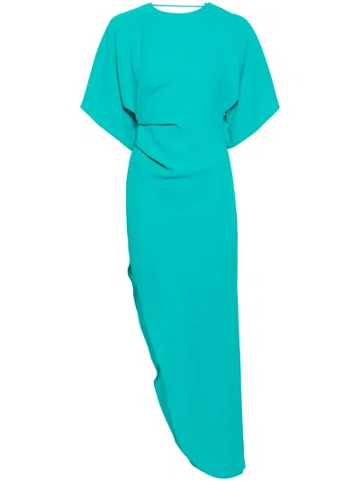 Rev Azure Satin Long Dress With Asymmetric Cut In Green