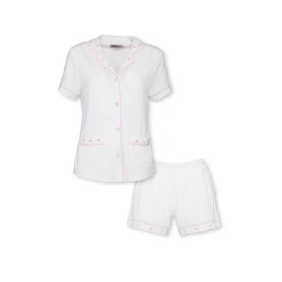 REVE SLEEPWEAR WOMEN'S CIEL SHORT SET IN WHITE WITH PINK EMBROIDERY - BOWS