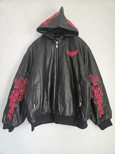 Pre-owned Revenge Embroidered Gothic Tribal Leather Bomber Jacket In Black